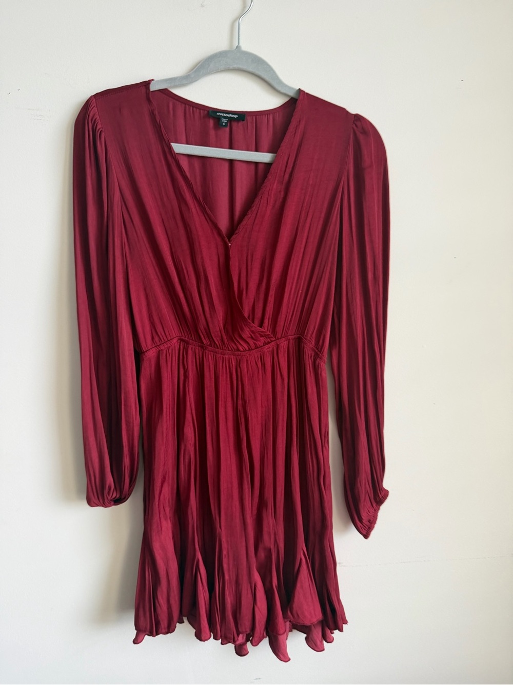 mittoshop Women's Deep Red Long Sleeve V-Neck Mini Dress